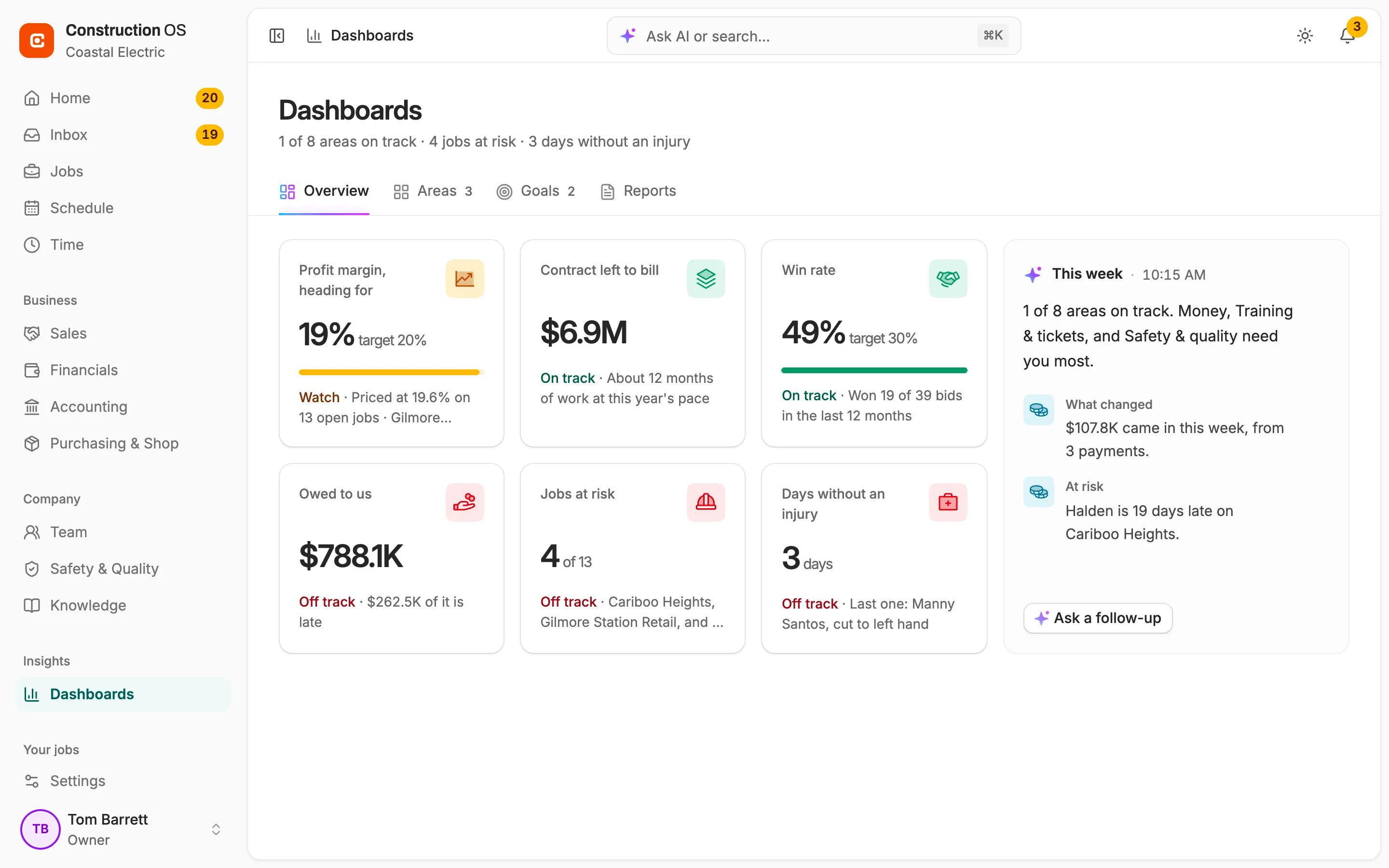 Dashboards: margin, contract left to bill, win rate and safety.
