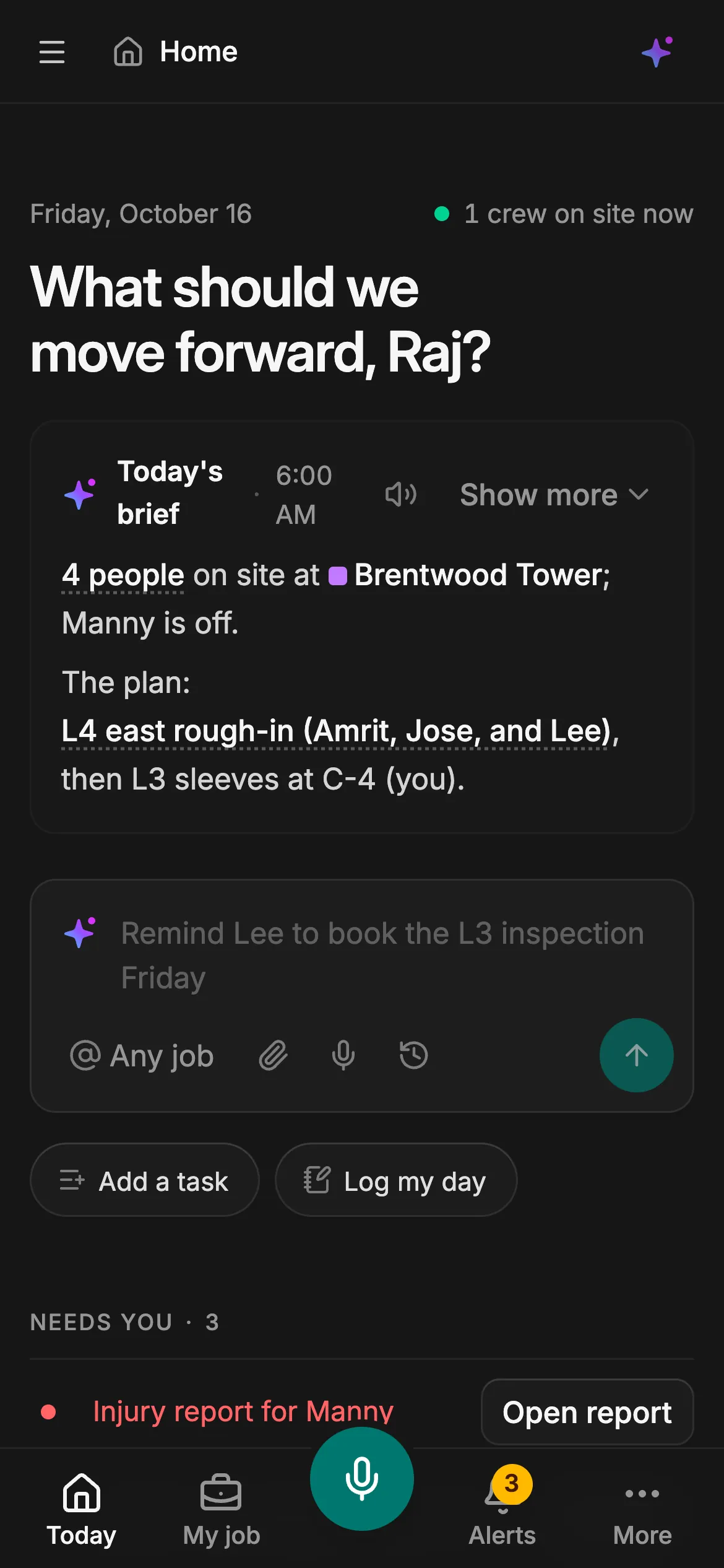 The foreman's phone in dark mode.